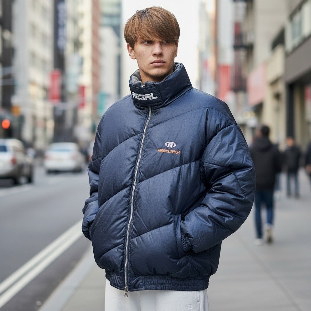 Vintage RARE Regal Tech Puffer Jacket Navy‎ Blue Down Filled Waterproof Men's XL